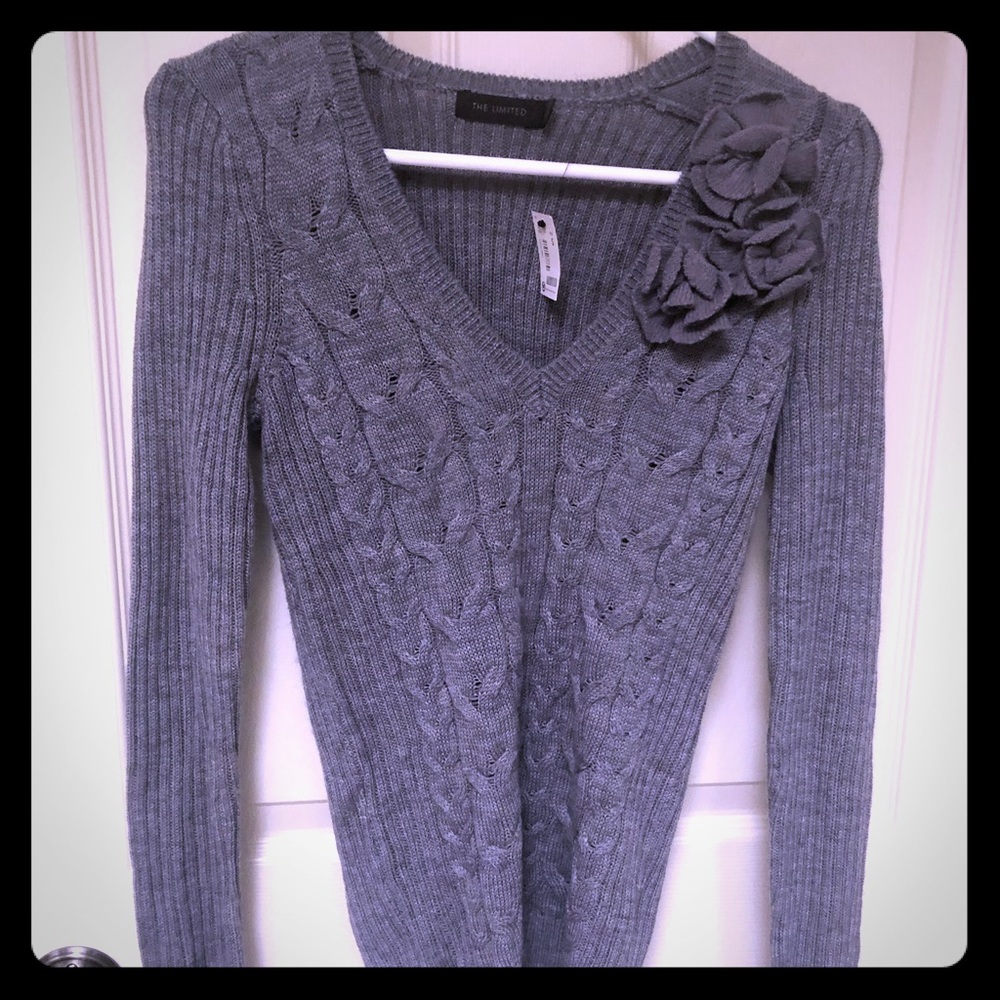 NEW Limited Small Gray V-Neck Sweater with Flowers
